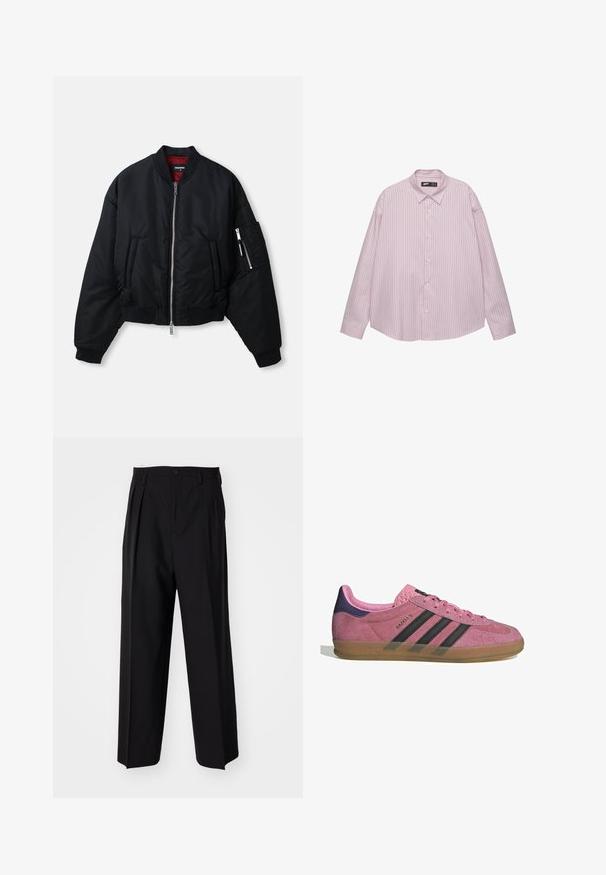 Giacca bomber nera con zipper frontale argento, due tasche laterali, tasca con zip sulla manica, polsini a coste e fodera interna rossa.; Camicia button-up rosa chiaro con strisce blu verticali, colletto, maniche lunghe e vestibilità ampia. Realizzata in un tessuto morbido con una leggera lucentezza.; Pantaloni neri a pieghe con un design dritto e gamba larga. Realizzati in tessuto morbido, con chiusura a bottone e passanti per cintura.; Sneaker in suede rosa con strisce nere, suola in gomma e tallone texturizzato viola. Presenta un design con lacci e un marchio in rilievo sul lato.