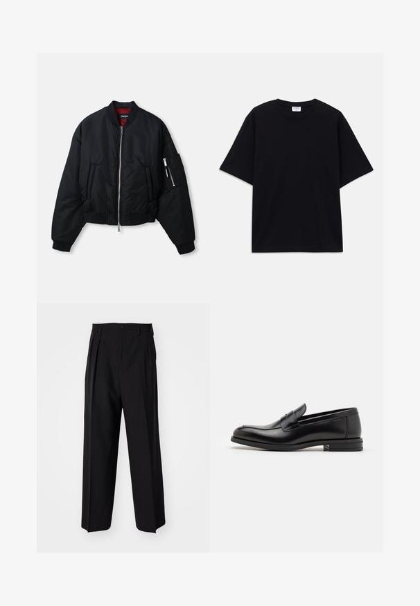 Black bomber jacket with silver front zipper, two side pockets, zippered sleeve pocket, ribbed cuffs, and red inner lining.; Black short-sleeve oversized T-shirt with round neckline and visible Filippa K brand label inside the collar.; Black pleated trousers with a straight, wide-leg design. Made from smooth fabric, featuring a button closure and belt loops.; Black leather loafers with a smooth texture, rounded toe, and a decorative strap across the vamp. Low stacked heel, minimalist design.