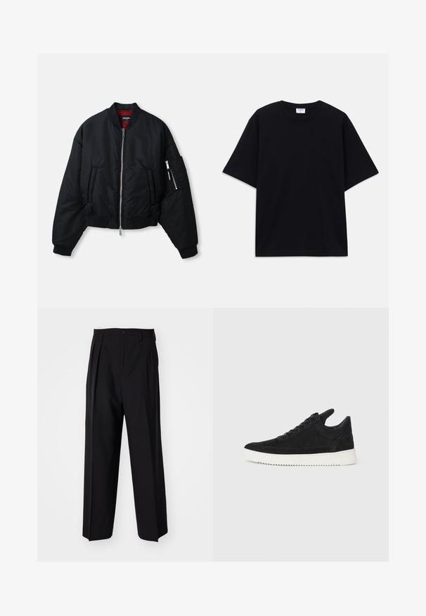 Black bomber jacket with silver front zipper, two side pockets, zippered sleeve pocket, ribbed cuffs, and red inner lining.; Black short-sleeve oversized T-shirt with round neckline and visible Filippa K brand label inside the collar.; Black pleated trousers with a straight, wide-leg design. Made from smooth fabric, featuring a button closure and belt loops.; Black suede sneaker with a white rubber sole, featuring tonal stitching and lace-up design. Smooth texture with a modern, streamlined shape.