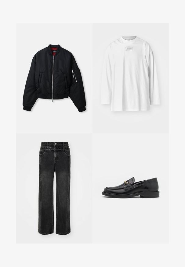 Black bomber jacket with silver front zipper, two side pockets, zippered sleeve pocket, ribbed cuffs, and red inner lining.; Feng Chen Wang DECONSTRUCTION UNISEX - Long sleeved top - white; Wide-leg black denim jeans with a faded finish, featuring a button closure, five pockets, and contrasting stitching along the sides.; Black leather loafers with a rounded toe, featuring gold hardware accent and stitching detail, set on a low, textured rubber sole.