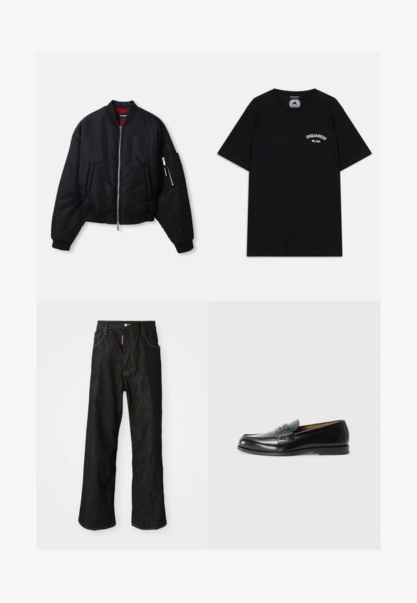 Crna bomber jakna s srebrnim prednjim zatvaračem, dva bočna džepa, džepom s zatvaračem na rukavu, rebrastim manžetama i crvenom podstavom.; Crna pamučna majica s kratkim rukavima, s bijelim logotipom "DSQUARED2 MILANO" na prsima. Okrugli izrez, glatka tekstura.; Crne traperice ravnog kroja s žutim šavovima, dizajn s pet džepova, zatvaranje na gumb te mala crvena oznaka na prednjem desnom džepu.; Crne kožne mokasine s glatkom površinom, okruglim vrhom, dekorativnim šavovima i malim metalnim akcentom na prednjem dijelu.