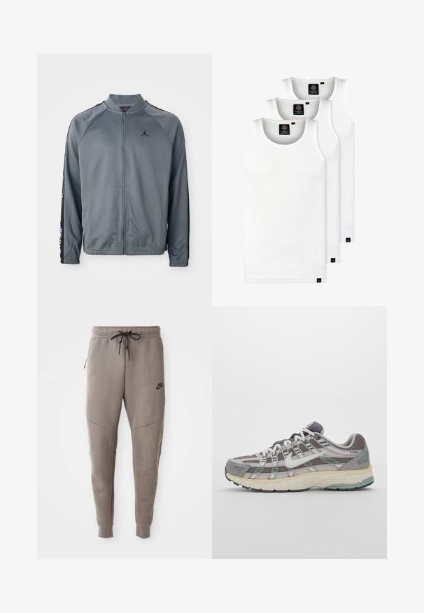 Grå full-zip treningsjakke med svarte side-striper og liten svart Jumpman-logo på venstre bryst.; Tre hvite ribbestrikkede tank topper laget av bomull. Har en rund hals og små svarte etiketter nær kanten. Tilgjengelig i flere størrelser.; Grå Nike joggebukser med snor i midjen, smale ben, sidelommer og distinkte sømdetaljer. Myk, teksturert stoff.; Grå treningssko med overdel i nett og semsket skinn, hvite detaljer, en polstret såle, og et særpreget design med reflekterende elementer.
