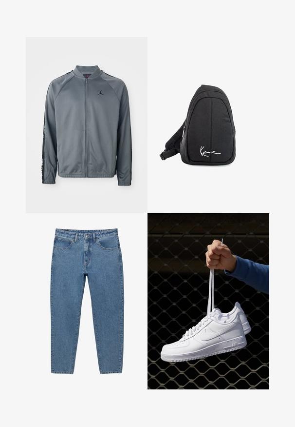 Szürke, teljes cipzáras sportdzseki fekete oldalsávokkal és kis fekete Jumpman logóval a bal mellrészen.; Fekete pamut póló laza szabással, kerek nyakkal és rövid ujjakkal. Fehér szöveges logóval a mellrészen és narancssárga címkével az alján.; Kék farmernadrág egyenes szárú szabással, öt zsebel és cipzáros zipzárral. Látható varrásokkal és kopott textúrával rendelkezik.; Fehér bőr sportcipők perforációval, kerek orral, lapos talppal és vastag fűzőkkel, látható swoosh logóval és "AIR" felirattal a sarokrészen.; Fekete szövet válltáska sima textúrával, ívelt kialakítással, cipzáras rekesszel, és egy fehér logóval az elején.