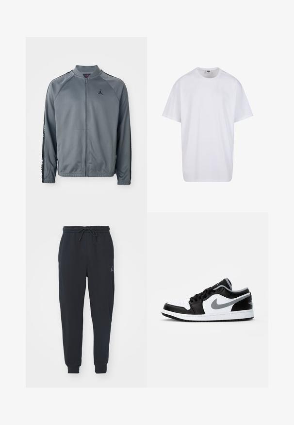 Siva sportska jakna na raszip s crnim bočnim trakama i malim crnim Jumpman logom na lijevoj strani prsnog koša.; Bijela pamučna majica s kratkim rukavima, zaobljenim izrezom, opuštenog kroja, bez vidljivih logotipa ili uzoraka. Glatka tekstura i minimalni dizajn.; Crne trenerke od mekog materijala, sa elastičnim pojasom i uzicom, rebrastim manžetama i malim logotipom na lijevom bedru.; Jordan AIR JORDAN 1 LOW - Tenisice - black/particle grey-white