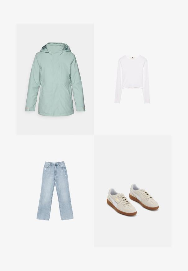 Jasno miętowa wodoodporna kurtka z wysokim kołnierzem, przewężoną talią, przednim zamkiem błyskawicznym i dwoma bocznymi kieszeniami na zamek.; Biały długi rękaw crop top wykonany z miękkiego materiału. Posiada okrągły dekolt oraz prosty, elegancki fason bez wzorów czy ozdób.; Jasnoniebieskie dżinsy o szerokim kroju, z wystrzępieniami, pięcioma kieszeniami oraz zapięciem na zamek błyskawiczny.; Beżowe zamszowe trampki z białymi skórzanymi akcentami i brązowymi gumowymi podeszwami. Posiadają okrągły nosek, sznurówki oraz złote logo z boku.