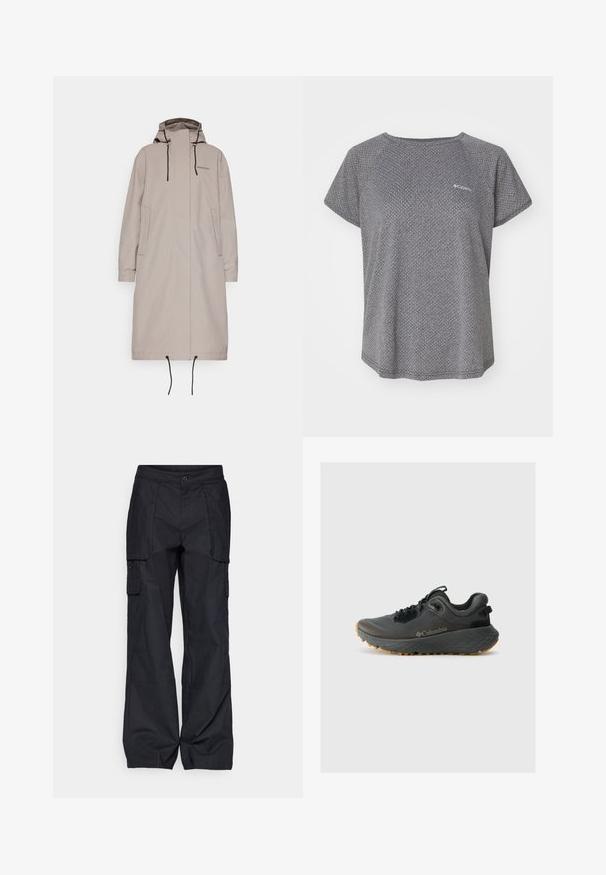 Cappotto lungo beige con cappuccio, polsini elasticizzati e fondo regolabile con cordino. Presenta due tasche laterali e una branding minimale sul petto. Texture morbida.; Maglietta grigia a maniche corte con un sottile motivo testurizzato, scollatura rotonda e logo Columbia sul petto. Tessuto morbido, vestibilità rilassata.; Columbia BREA FALLS™ COTTON RIPSTOP PANT - Pantaloni outdoor - black; Columbia TERRASTRIDE CRZ - Scarpa da hiking - shark/black