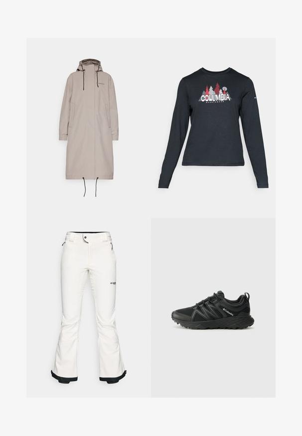 Beige pitkä takki, jossa on huppu, joustavat hihansuut ja kiristettävä helma. Sisältää kaksi sivutaskua ja minimaalista brändäystä rinnassa. Pehmeä rakenne.; Tummanharmaa pitkähihaisen paidan graafinen kuva punaisista puista ja vuorista; "COLUMBIA" -logo lihavoituna valkoisella tekstillä. Pehmeä kangas, normaali pyöreä kaula-aukko.; Valkoiset hiihtohousut, jotka on valmistettu pehmeästä ja joustavasta materiaalista. Ominaisuuksiin kuuluvat tiukka vyötärö, leveät haaraosat ja mustat yksityiskohdat lahkeissa. Merkin logo näkyvissä.; Columbia PEAKFREAK - Vaelluskengät - black