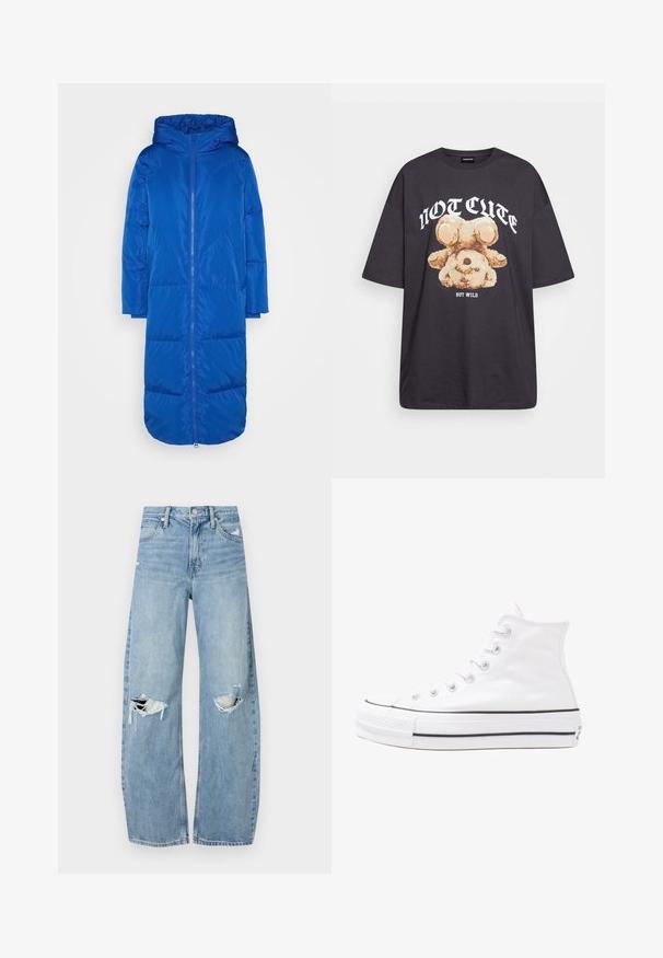 Lang blå dunjakke med hette, med frontglidelås, quiltet design og sidelommer. Laget av glatt, reflekterende stoff.; Svart oversized t-skjorte med en grafikk av en bjørn og teksten "IKKE SØT, MEN VILL" i fet, hvit skrift. Laget av bomull.; Lyseblå høytlivsjeans laget av denim. Har vide bein, to revne knær og klassisk fem-lommers design.; Hvit høy-skinn kanvas sneakers med svart gummisåle, gummitåhette foran og seks hull for snorer, med et rent, minimalistisk design.