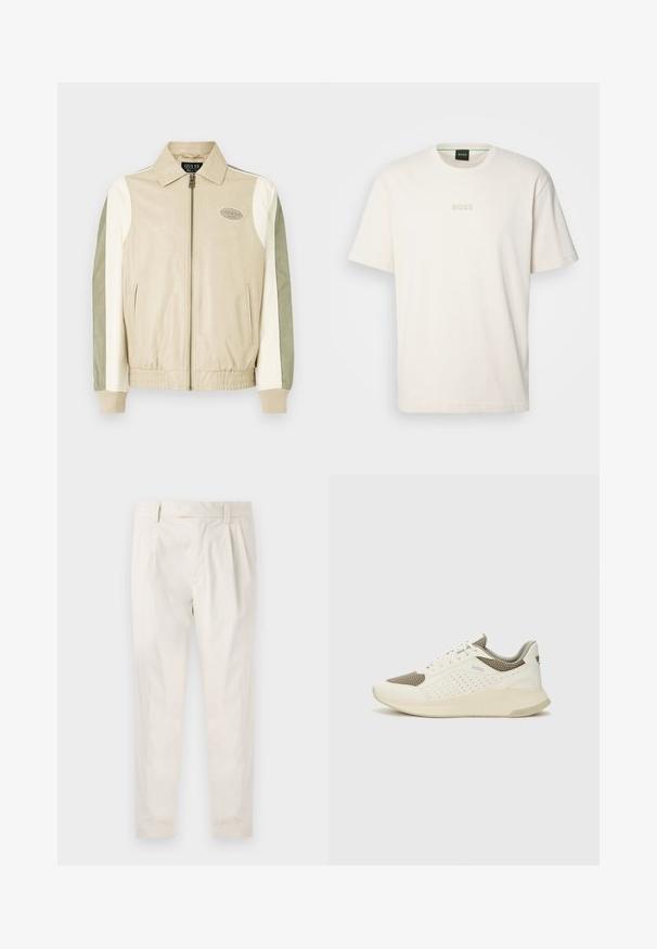 Giubbotto bomber in pelle beige e verde oliva con zip frontale, polsini a costine, logo a patch e maniche a contrasto nei toni crema e verde.; BOSS TEE - T-shirt basic - open white; Pantaloni bianchi plissettati con taglio su misura, caratterizzati da una texture liscia, passanti per la cintura e gambe affusolate. Nessuna tasca o motivo visibile.; Sneaker atletica bianca e beige chiaro, con tomaia in mesh, dettagli perforati e una suola intermedia texturizzata con marchio sul tallone.