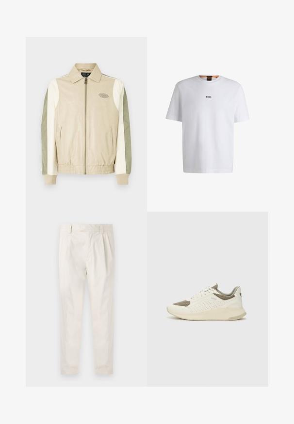 Bež i maslinasto zelena kožna bomber jakna s patentnim zatvaračem, rebrastim manžetama, logom u obliku flastera i kontrastnim rukavima u krem i zelenim tonovima.; Bijela pamučna majica kratkih rukava, s crnim logotipom "BOSS" centriranim na prsima i okruglim izrezom.; Bijele, naborane hlače s krojem po mjeri, koje imaju glatku teksturu, petlje za pojas i sužene nogavice. Nema vidljivih džepova ili uzoraka.; Bijele i svijetlosmeđe sportske tenisice, sa mrežastim gornjim dijelom, perforiranim detaljima i teksturiranim međutrakom sa brendom na peti.