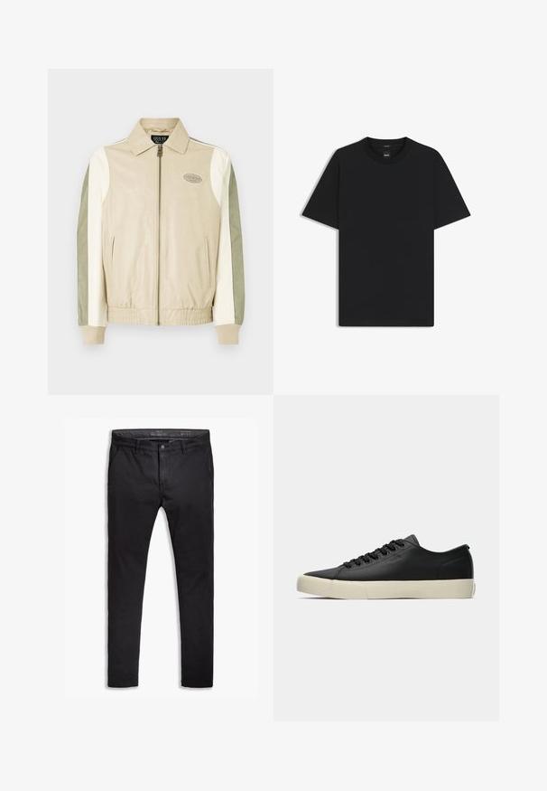 Beige och olivgrön läderbomberjacka med dragkedja fram, ribbade muddar, patchlogotyp och kontrasterande ärmar i kräm- och gröna nyanser.; Svart kortärmad T-shirt i en mjuk bomullsblandning, med rundad halsringning och en minimalistisk design utan mönster eller detaljer.; Svarta bomullsbyxor med tapered passform, som har fem fickor, bältesloopar och en mjuk yta. Dragkedja fram med knäppning.; Låga svarta lädersneakers med svarta snören och off-white gummisula, sidovy som visar subtil branding "BOSS".