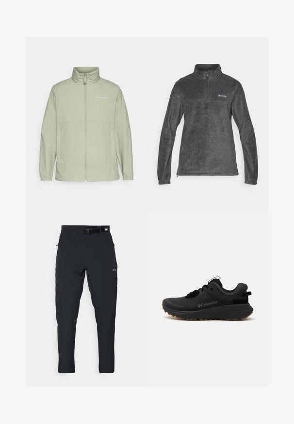 Giacca a zip verde chiaro con colletto rialzato, polsini elasticizzati e accento del logo. Caratterizzata da un tessuto liscio e leggero e da una vestibilità comoda.; Pullover in pile grigio con colletto alto, zip a metà davanti e maniche lunghe; presenta un piccolo logo sul petto e una superficie liscia.; Columbia ESSENTIAL HIKE™ PANT - Pantaloni outdoor - black; Scarpa sportiva Columbia nera con superficie texturizzata, colletto imbottito e suola in gomma con un motivo distintivo per una migliore aderenza.