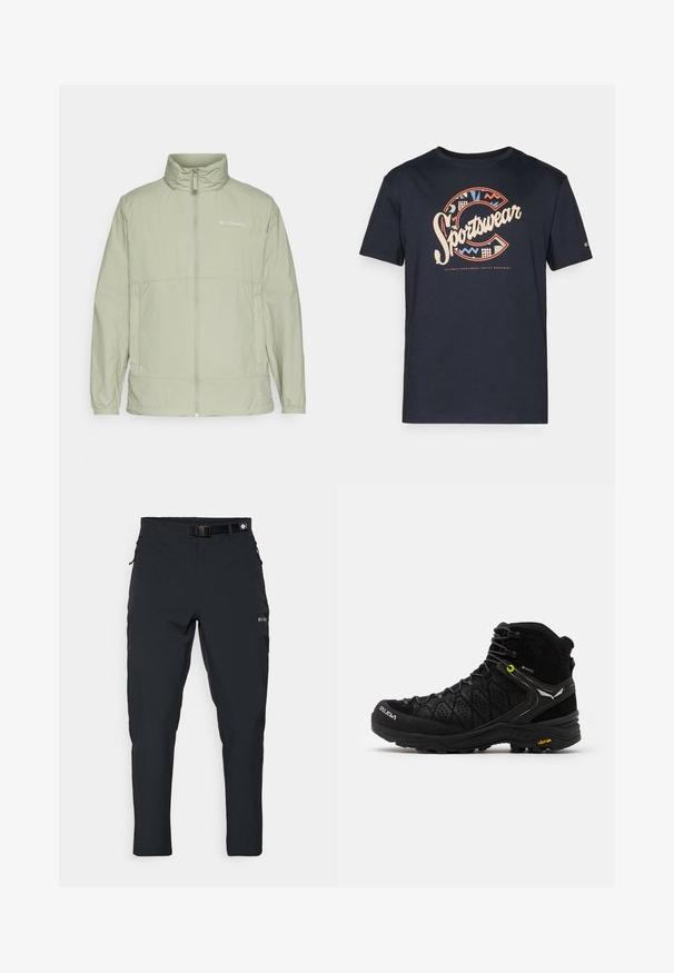 Lys grønn zip-up jakke med ståkrage, elastiske mansjetter og logo accenter. Har et glatt, lett stoff og en avslappet passform.; Marineblå bomulls t-skjorte med en stor, fargerik "Sportswear" grafikk med geometriske mønstre og bokstaven "C" på forsiden.; Columbia ESSENTIAL HIKE™ PANT - Friluftsbukser - black; Svarte tursko med teksturert overdel, forsterket tå og Vibram såle. Snøresystemet inkluderer kroker for en sikker passform.