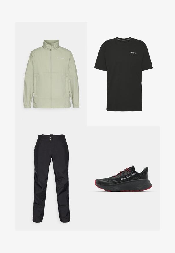 Veste zippée verte clair avec col montant, poignets élastiques et accent de logo. Fabriquée en tissu lisse et léger, elle offre une coupe décontractée.; T-shirt en coton noir à manches courtes, col rond, avec un petit logo "Patagonia" en blanc sur la poitrine. Design simple et sans ornement.; Pantalons noirs imperméables avec une texture lisse, dotés de deux boutons à l'avant et d'un design de jambe fuselée. Accentués par un logo sur le côté.; Chaussure de sport noire avec tige texturée, lacets rouges et logo. Semelle épaisse avec motif de la semelle pour une meilleure adhérence. Design minimaliste, vue de côté.