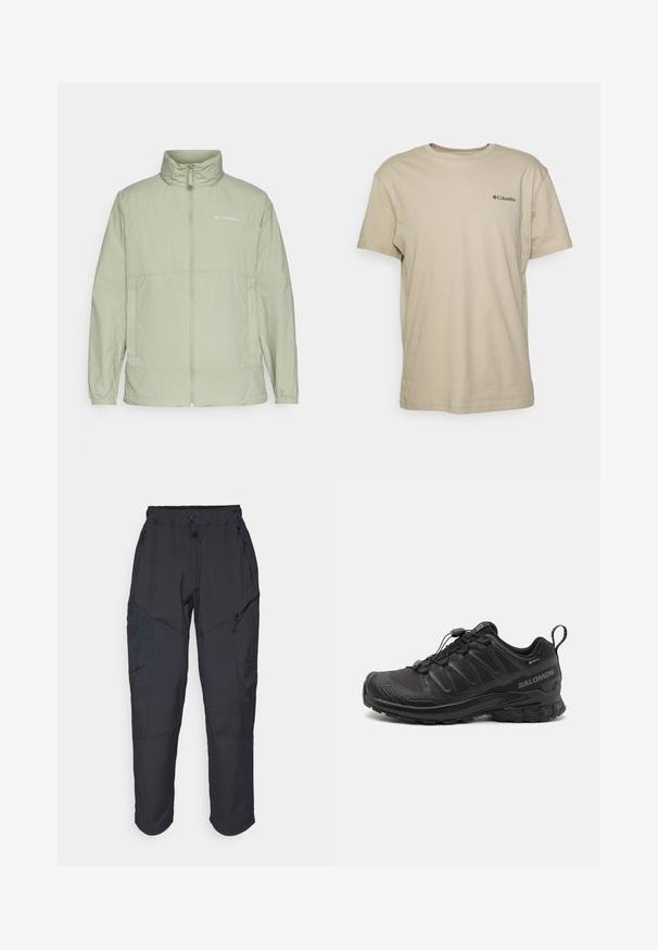 Gaiši zaļa ar rāvējslēdzēju aizverama jaka ar paceltu apkakli, elastīgām piedurknēm un logotipa akcentu. Izgatavota no gludas, vieglas auduma un ar brīvu piegriezumu.; Bežs kokvilnas T-krekls ar īsām piedurknēm, apaļu kakla izgriezumu un mazu melnu logotipu kreisajā krūšu pusē. Gluda tekstūra, ikdieniška dizains.; Melnas kravas bikses, izgatavotas no viegla, ūdens izturīga materiāla; ar elastīgu jostasvietu, vairākiem kabatām ar rāvējslēdzējiem un sašaurinātiem ievedumiem.; Melna sporta apava ar teksturētu sintētisku augšdaļu, ar mīkstinātu zoli un ātru saslēgšanas sistēmu. Iezīmēts ar pastiprinātu purngala un papēža daļu.