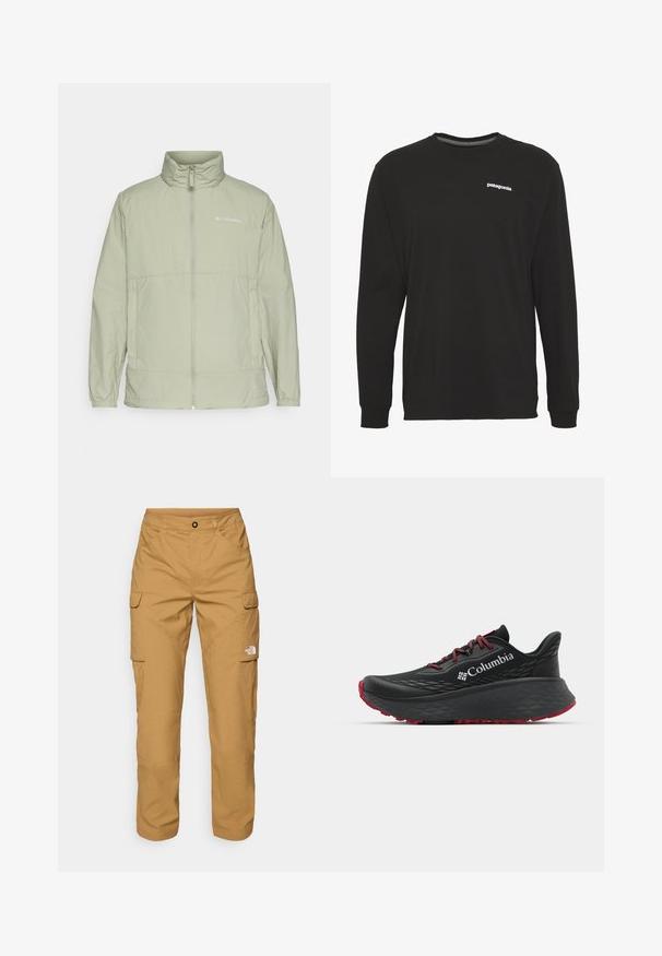 Vihreä vetoketjullinen takki, jossa on seisomakaulus, elastiset hihansuut ja logokuva. Takki on valmistettu sileästä ja kevyestä kankaasta sekä on rento malli.; Mustapaita, jossa on pitkät hihat ja pyöreä kaula-aukko, valmistettu puuvillasta. Paidassa on pieni valkoinen "patagonia"-logo rinnassa. Silkkinen tekstuuri.; The North Face EXPLORATION PANTS - Reisitaskuhousut - utility brown; Musta urheilukenkä, jonka pinnassa on tekstuuri, punaiset nauhat ja logo. Paksu pohja, jossa on kuvioitu pito. Minimalistinen muotoilu, sivunäkemys.