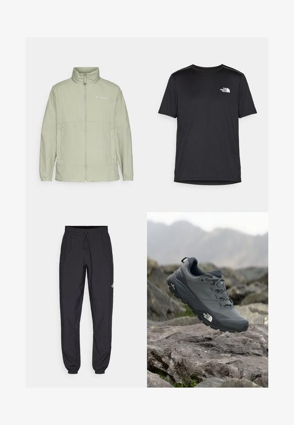 Svetlo zelena zip-up jakna s stoječim ovratnikom, elastičnimi manšetami in logotipom. Narejena je iz gladkega, lahkega materiala in ima sproščen kroj.; Črna kratkosleevena majica iz lahkotnega materiala. Ima majhen bel logo na levem prsnem delu in diskretne poudarke na ramenskem predelu.; Črne atletske hlače iz lahkega materiala, ki imajo elastični pas z vezalko, stranske žepe in zožene manšete na gležnjih.; Sive teka za trail tek, z teksturirano zgornjimi deli, trpežnim gumijastim podplatom in ojačanim kapico za prste. Ima vezi in logotip blagovne znamke na strani.
