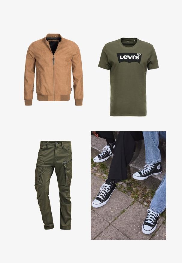 INDICODE JEANS WAYNE - Veste en similicuir - brown; T-shirt en coton vert olive avec un grand logo noir Levi's sur le devant. Col rond classique et manches courtes, texture lisse.; Pantalons cargo vert olive en coton résistant. Dotés de plusieurs poches, d'une poche latérale zippée et de jambes fuselées avec une finition légèrement texturée.; Baskets montantes en toile noires avec semelles et lacets en caoutchouc blancs, arborant un logo circulaire sur le côté et associées à un jean et un pantalon noir.