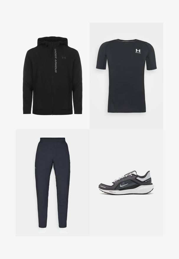 Giacca a zip nera con cappuccio realizzata in materiale morbido e leggero. Presenta il logo riflettente "UNDER ARMOUR" e una texture liscia.; Maglietta sportiva nera a maniche corte realizzata in tessuto traspirante e elastico. Presenta un collo rotondo e un piccolo logo bianco sul petto.; Pantaloni sportivi neri con una texture liscia, vestibilità slim, vita elastica e tasche laterali. Presentano un piccolo logo sulla coscia sinistra.; Scarpa da ginnastica nera e grigia con tomaia in rete, dettagli riflettenti e intersuola bianca. Presenta una suola in gomma testurizzata e lacci.