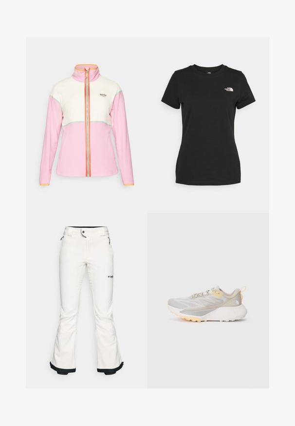 Kari Traa GRACIE MIDLAYER - Φλις μπουφάν - dusty pink; Μαύρο βαμβακερό T-shirt με στρογγυλή λαιμόκοψη και κοντά μανίκια. Εντυπωσιακό λευκό λογότυπο στην επάνω αριστερή πλευρά. Λείος υφασμάτινος χαρακτήρας, άνετη εφαρμογή.; Λευκό σορτς σκι κατασκευασμένο από μαλακό, ευέλικτο υλικό. Διαθέτει εφαρμοστό μέγεθος στη μέση, φαρδιά ανοίγματα στα πόδια και μαύρη διακόσμηση στα μανίκια. Ορατό λογότυπο της μάρκας.; Ελαφρύ παπούτσι τρεξίματος σε ανοιχτό γκρι και κίτρινο. Διαθέτει αναπνεύσιμο επάνω μέρος από δίχτυ, υφή στην ενδιάμεση σόλα και ανθεκτική καουτσούκ σόλα.