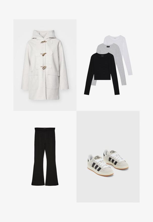 Šviesiai pilkas vilnos mišinys paltas su gobtuvu, su mediniais užsegimais, dviem priekinėmis kišenėmis ir tiesia forma. Minkšta tekstūra.; Trijų ilgomis rankovėmis marškinėlių krūva: juodas, pilkas ir baltas. Kiekvienas turi apvalų iškirpimą ir trumpą dizainą, pagamintas iš lygaus, lengvo audinio.; Juodos flared tipo legginsai, pagaminti iš tamprios medžiagos. Yra platus juosmuo ir lygus paviršius, su prie kūno priglundančiu siluetu, kuris pločiasi ties apatine dalimi.; Grynos zomšos sneakeriai su baltais raišteliais, juodomis juostelėmis ir balta gumine sole. Turintys apskritą logotipą ant liežuvėlio ir guminę sole.