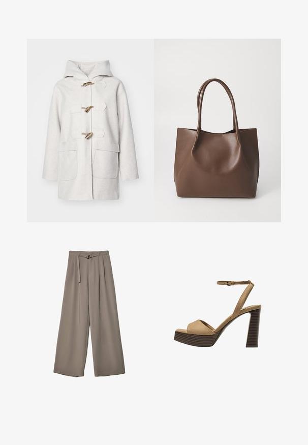 Lys grå uldblandingsfrakke med hætte, med trætogglelukninger, to frontlommer og en lige pasform. Blød tekstur.; Brun kortærmet t-shirt lavet af blødt stof, med rund halsudskæring og afslappet pasform. Ingen synlige mønstre eller detaljer.; Vide ben bukser i et blødt, afdæmpet grå stof, med en bælte i taljen og plisseringer for ekstra designdetalje. Glat tekstur, ingen mønstre.; Beige ruskinds højhælede sandaler med en bred foranrem og ankelrem, der har en kraftig træblokhæls struktur.; Brun læder tote taske med to lange håndtag, struktureret form, glat tekstur og minimalistisk design. Ingen synligt hardware eller accenter.
