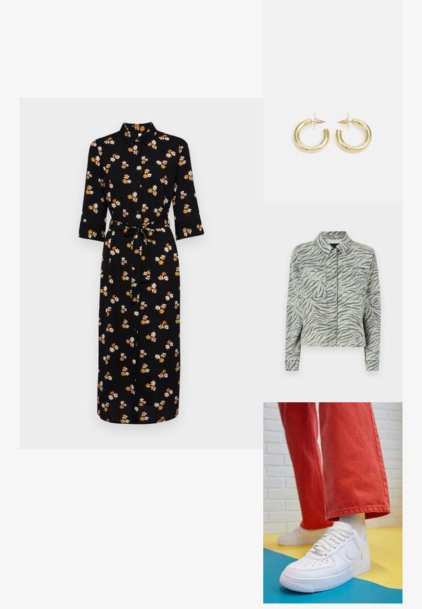 Rövid fazonú farmerdzseki szürke és fehér zebra mintával, amely széles nyakkal, két mellzsebbel és hosszú, gombos mandzsettájú ujjal rendelkezik.; Fekete anyagú, gombos ruha, narancs és fehér virágmintával. Háromnegyedes ujjakkal és derékra kötő pánttal rendelkezik.; Fehér bőr edzőcipő perforált orral, texturált talppal és fehér fűzővel, széles vörös nadrággal párosítva, kék és sárga háttérrel.; Fekete bőr kézitáska hajtóka részlettel és aranyszínű fém csattal. Tartalmaz egy fekete pántot és egy letisztult, minimális dizájnt.; Arany fülbevalók sima, fényes felülettel. Kör alakú dizájn, amely kis kapoccsal és átlátszó tartozékkal rendelkezik a biztonságos viselés érdekében.