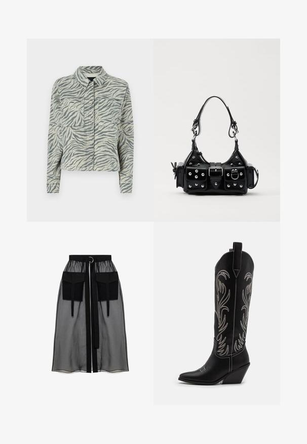 Forkortet denimjakke med et gråt og hvidt zebra mønster, der har spredt krave, to brystlommer og lange ærmer med knapmanchetter.; Sort langærmet bluse lavet af gennemsigtigt stof, med rund halsudskæring, knaplukning foran og bølgede kanter ved ærmerne.; Sort gennemsigtig nederdel med en rynket talje, der har to store forlommer, et taljebånd og en cirkulær metaldetalje.; Sorte læder cowboystøvler med spidse tæer, kilehæle og sølv broderede blomster mønstre langs skaftet. Kontrast syning overalt.; Sort læderhåndtaske med et buet design, prydet med sølvfarvede nitter, en spænde og to sidelommer. Justerbar rem til forskellige bære muligheder.