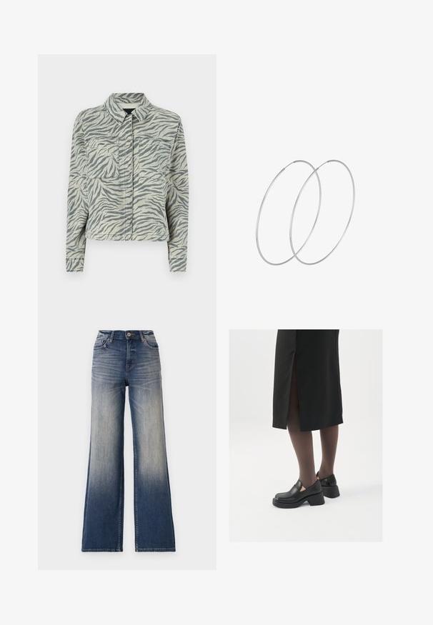 Forkortet denimjakke med et gråt og hvidt zebra mønster, der har spredt krave, to brystlommer og lange ærmer med knapmanchetter.; Sort bodysuit med lange ærmer, der har en mesh V-halsudskæring og samlet skulderdetalje. Glat stof med en tætsiddende form.; Højtaljede vidde ben jeans i lys til mørkeblå denim med falmende farve, med knaplukning og bæltestropper. Ren kant og ingen synlige pynt.; Sorte lædersko med rund tå, kraftig blokhæl og elastiske sideaccentuer, parret med mørke strømpebukser og en sort nederdel med slids.; Sølvøreringe med et minimalistisk design. Cirkulær form, glat tekstur og tynd profil. Letvægtige med en poleret overflade.