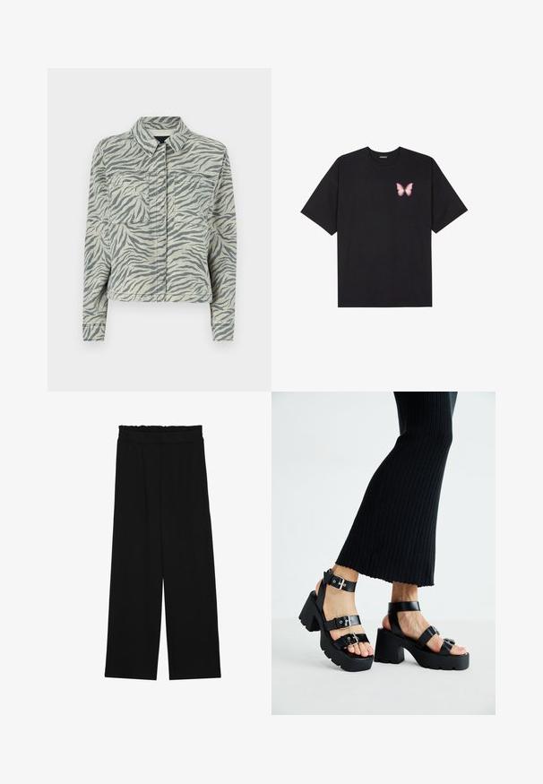 Cropped denim jacket with a gray and white zebra print, featuring a spread collar, two chest pockets, and long sleeves with buttoned cuffs.; Black cotton t-shirt with short sleeves, featuring a small pink butterfly graphic on the left chest. Crew neck design with a relaxed fit.; Black wide-leg trousers with a ruffled waistband, featuring two side pockets and a smooth, lightweight fabric. No visible patterns or hardware.; Black platform sandals with chunky, lug soles and multiple straps, featuring metal buckles and a smooth leather-like texture.