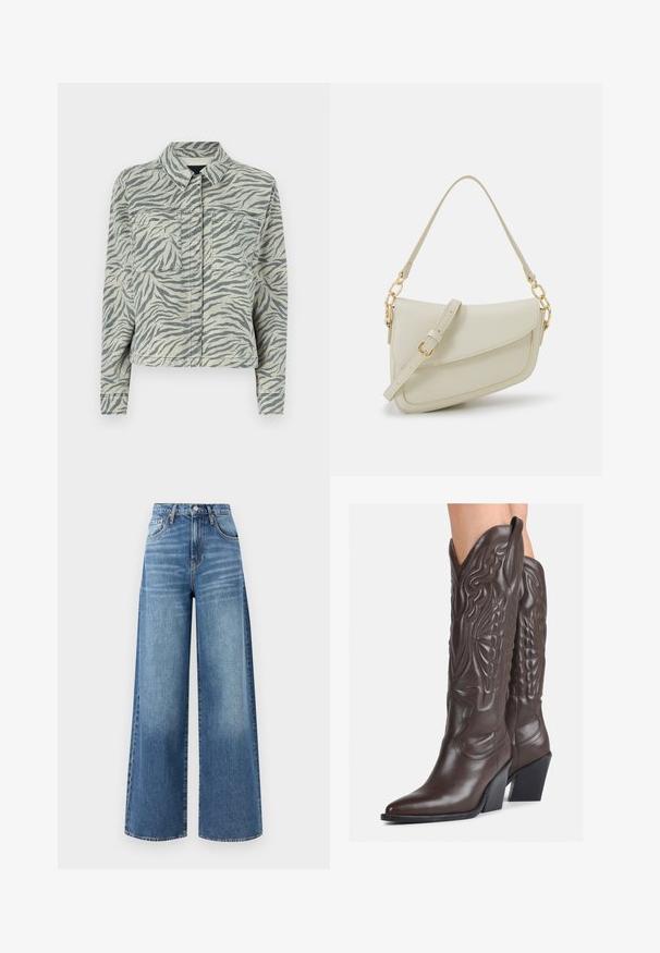 Skórzana kurtka z krótkim krojem, w szaro-białe paski zebry, z kołnierzem typu spread, dwiema kieszeniami na piersi oraz długimi rękawami z zapięciem na guziki.; Biała bezrękawnikowa koszulka wykonana z prążkowanej tkaniny, z okrągłym dekoltem i dopasowanym krojem, o minimalnych szwach i bez ozdób.; Jeans w szerokich nogawkach w jasnoniebieskim kolorze, z wysokim stanem, subtelnym przetarciem i pięcioma kieszeniami, z kontrastowym przeszyciem.; Brązowe skórzane kowbojki z noskiem w kształcie migdała i blokowym obcasem, z detalicznym przeszyciem i podniesionymi akcentami na cholewce.; Mała torebka w kolorze kremowym z teksturowanym wykończeniem, długim regulowanym paskiem, akcentem z łańcucha oraz zapięciem na klapkę. Wykończenia w kolorze złotym.