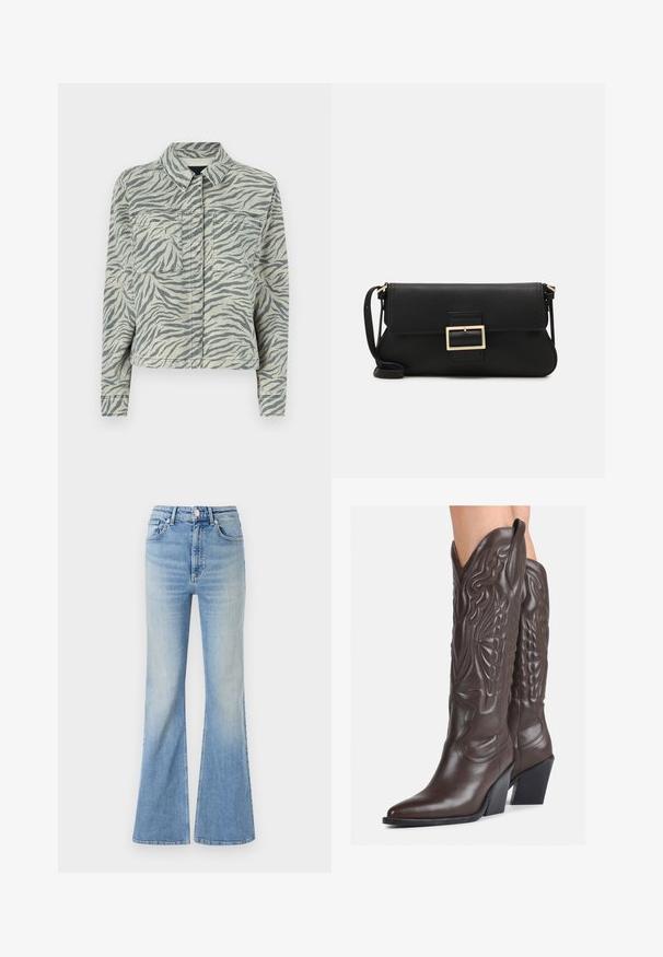 Korte spijkerjacket met een grijs-wit zebra-print, voorzien van een opstaande kraag, twee borstzakken en lange mouwen met knoopsluitingen.; Witte mouwloze tanktop van ribstof, met een ronde halslijn en een aansluitende pasvorm, met minimale naden en zonder versieringen.; Lichtblauwe flared jeans van denim, met een hoge taille, vijf zakken en een subtiele gradient vervaging naar de zoom toe.; Bruine leren cowboylaarzen met een spitse neus en blokhak, voorzien van gedetailleerde stiksels en verhoogde accenten op de schacht.; Zwarte leren clutch met een klep en een gouden metalen sluiting. Inclusief een zwarte schouderband en een slank, minimalistisch ontwerp.