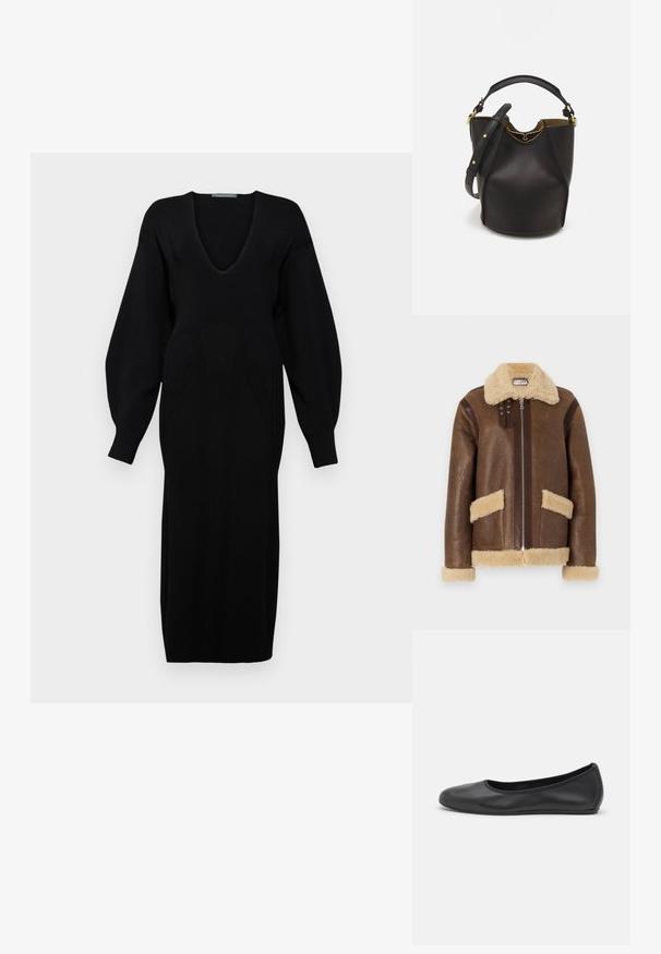 Paul & Joe MANTEAU - Bőrdzseki - marron; Fekete kötött ruha mély V-kivágással, hosszú, voluminózus ujjakkal és mintás részletekkel a mellen.; Fekete bőr balettcipő lekerekített orral, sima tekstúrával, minimális varrással és rugalmas talp kialakítással.; Fekete bőr vödör táska texturált felülettel, arany hardware részletekkel és nyitott tetejével. Rövid fogantyúval és állítható vállpánttal rendelkezik.