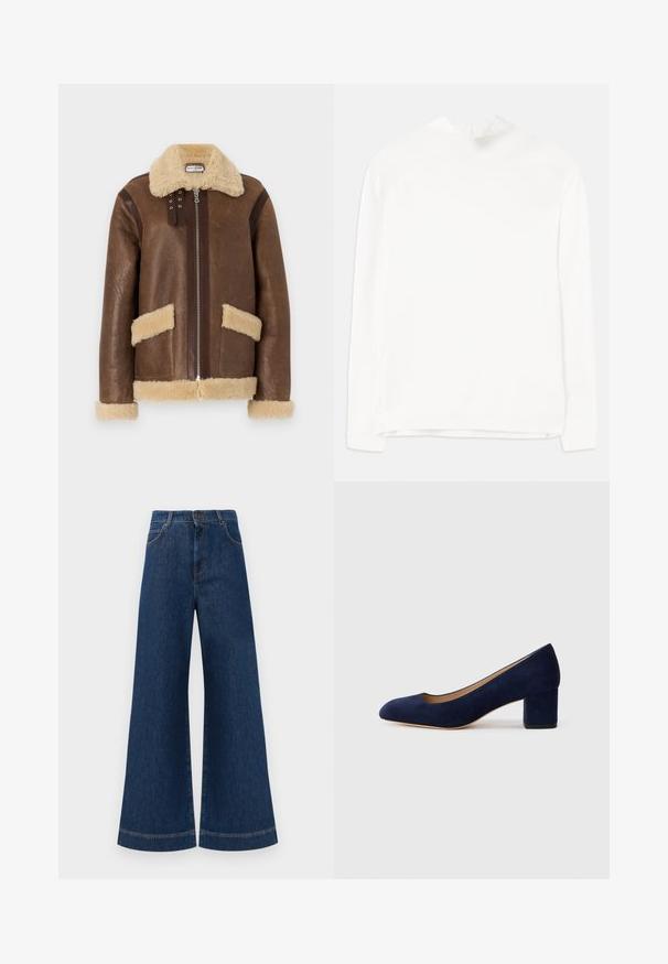 Paul & Joe MANTEAU - Δερμάτινο μπουφάν - marron; Λευκό μπλουζάκι μακρύ μανίκι με ψηλό γιακά, ριμπ υφή και ίσια γραμμή. Το ύφασμα φαίνεται απαλό και λείο χωρίς ορατά σχέδια.; Μπλέ τζιν παντελόνια σε φαρδιά γραμμή με ψηλή μέση, που διαθέτουν κουμπί κλεισίματος, θηλίες ζώνης και διακριτές ραφές κατά μήκος των τσεπών και των τελειωμάτων.; Ναυτικό μπλε σουέτ γόβες με αιχμηρή μύτη και μεσαίο φαρδύ τακούνι. Λείο υλικό με απαλό γυαλιστερό φινίρισμα και μικρή κοπή εμπρός.