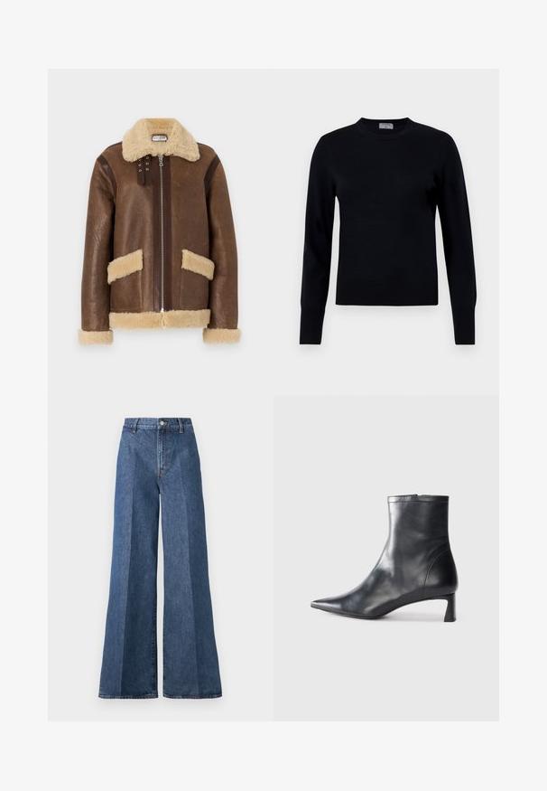 Paul & Joe MANTEAU - Leren jas - marron; Zwarte gebreide trui met een ronde hals en lange mouwen. Beschikt over een gladde textuur en ribgebreide boorden, en biedt een klassieke pasvorm en ontwerp.; Wijd flonkerige blauwe denim jeans met een hoge taille, voorzien van klassieke vijf-pocketstijl en een knoopsluiting, gemaakt van gestructureerde katoen.; Zwarte leren enkellaars met een spitse neus en een slank ontwerp. Heeft een lage hak en een ritssluiting aan de achterkant. Gladde textuur.
