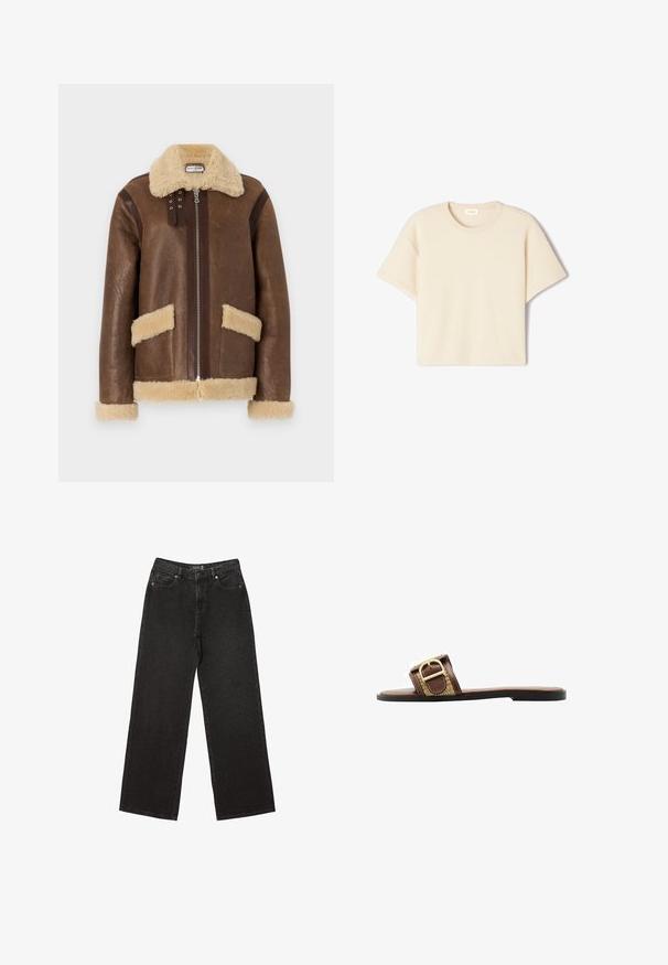 Paul & Joe MANTEAU - Nahkatakki - marron; Lyhythihainen, beige T-paita pehmeästä kankaasta, jossa on pyöreä kaula-aukko ja rento istuvuus, hienovarainen rakenne ja ei näkyviä kuvioita.; Mustat leveät farkut, jotka on valmistettu denimestä ja joissa on pieniä pistekuvioita, perinteinen viisi-taskuinen muotoilu sekä nappi- ja vetskarihyttys.; Ruske nahodne kožne sandale s širokim remenom sa zlatnom kopčom i teksturiranim uzorkom, postavljene na ravnoj crnoj potplati.