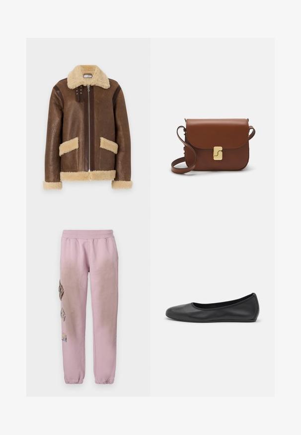 Paul & Joe MANTEAU - Ādas jaka - marron; Bieza piedurkņu balta T-krekls, izgatavots no ribota kokvilnas, ar apaļu kakla izgriezumu un taisnu apakšmalu. Vienkāršs dizains bez rakstiem vai akcentiem.; Rozā sporta bikses ar elastīgu jostu, kurām labajā pusē ir dekoratīvi uzliktni dimanta formā un elastīgas apkakles pie potītēm.; Melna ādas baleta kurpe ar noapaļotu purngalu, gludu tekstūru, minimālu šuvju detalizāciju un elastīgu zoles dizainu.; Bordo ādas rokas soma ar atloku, zeltītām detaļām, plecu siksnu un gludu virsmu. Kompakta, taisnstūrveida forma.