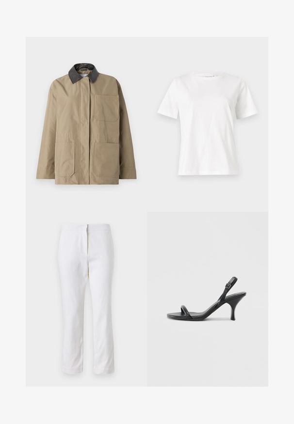 Khaki jacket with a black leather collar, front button closure, and two large front pockets. Smooth fabric with a slightly oversized fit.; White cotton t-shirt with short sleeves, round neckline, and a relaxed fit. Smooth texture, no patterns or accents, minimalistic design.; White cotton pants with a straight leg design, featuring a mid-rise waist and no visible hardware or patterns. Smooth texture throughout.; Black leather high-heeled sandals with a slim, curved heel and a crossed strap design. Adjustable ankle strap. Smooth texture.
