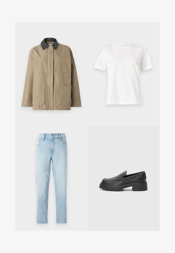 Khaki jacket with a black leather collar, front button closure, and two large front pockets. Smooth fabric with a slightly oversized fit.; White cotton t-shirt with short sleeves, round neckline, and a relaxed fit. Smooth texture, no patterns or accents, minimalistic design.; Light blue denim jeans, straight-leg design, mid-rise waist, with five-pocket styling and a button closure at the front.; Black leather loafers with a rounded toe, thick textured sole, and minimal stitching details. Sleek design with no visible laces or hardware.