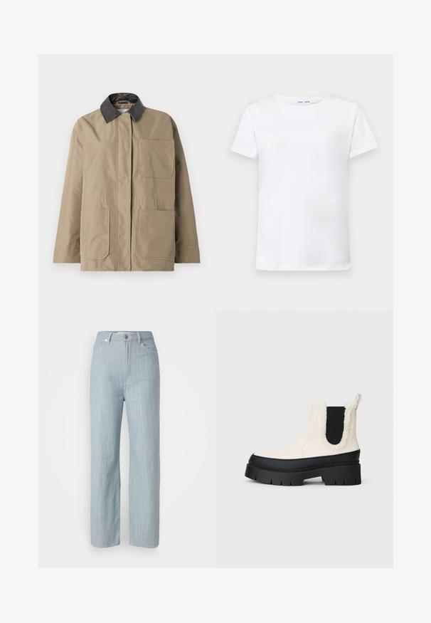 Kaki jakna s crnim kožnim ovratnikom, prednjim zakopčavanjem na dugmad i dva velika prednja džepa. Glatka tkanina s lagano oversized krojem.; Bijela kratka majica s kratkim rukavima od pamuka s dizajnom okruglog izreza. Glatka tekstura i ravni kroj, bez uzoraka ili naglaska.; Svijetloplave traperice ravnog kroja. Imaju pet džepova, metalno dugme za zatvaranje i suptilne tragove habanja za dodatnu teksturu.; Čvrske platforme gležnjače s bijelom gornjom partijom, crnim gumenim potplatom i kontrastnim crnim elastičnim bočnim panelima. Umjetni krzneni rub na gornjoj ivici.