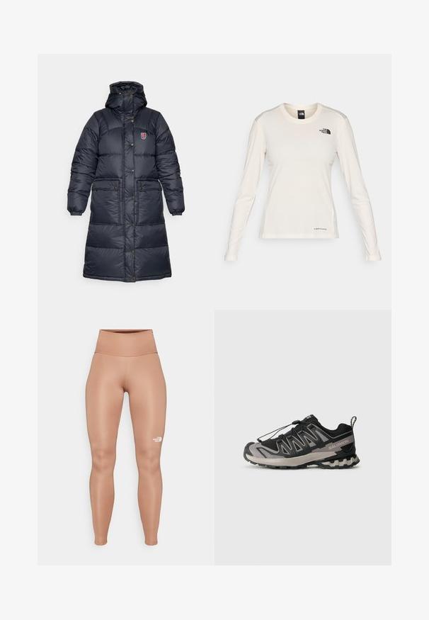 Fjällräven EXPEDITION LONG DOWN PARKA W - Tollkabát - black; The North Face SHADOW LONG SLEEVE - Hosszú ujjú felső - white dune; Magas derekú, testhezálló leggings világosbarna színben. Sima, rugalmas anyagból készült, bal combján fehér logóval.; Fekete és szürke sportcipő hálós felsővel, gumitalppal és elasztikus fűzőrendszerrel. Erősített orra és textúrázott részletei vannak.