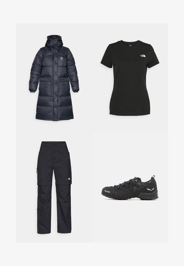 Fjällräven EXPEDITION LONG DOWN PARKA W - Puhovka – plašč - black; Črna bombažna majica s krožnim izrezom in kratkimi rokavi. Opazna bela oznaka na zgornji levi strani. Gladka tekstura, sproščen kroj.; Črne najlon hlače z zipom, ki se lahko odstranijo, s prilagodljivimi manšetami, več žepi in logotipom na desni nogi. Gladka, lahka tekstura.; Črne pohodniške čevlje z teksturiranim zgornjim delom iz blaga, sistemom vezalk in trdnim gumijastim podplatom. Opremljeni so z odsevnimi detajli in logotipi.