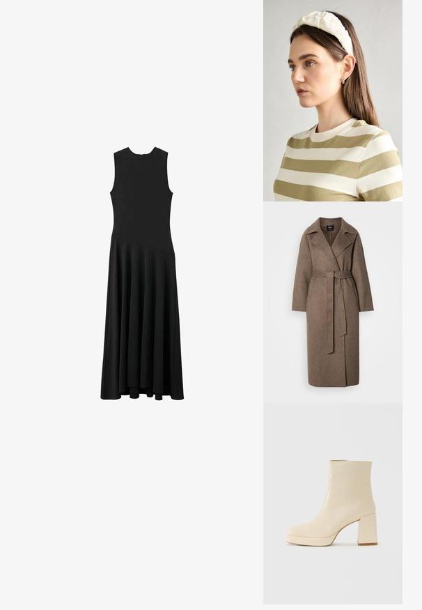 Lungo cappotto di lana marrone con ampi risvolti e una cintura coordinata legata in vita, esposto su uno sfondo chiaro e semplice.; Abito maxi senza maniche nero con busto aderente e gonna svasata, caratterizzato da una texture liscia e un design minimalista, senza chiusure visibili.; Stivaletti beige in pelle con tacco a blocco e suola platform, finitura liscia e punta leggermente quadrata, rivolti a sinistra su sfondo bianco.; Borsa a tracolla nera in pelle con una forma curva, manico rimovibile e accessori dorati. La borsa presenta una patta con un dettaglio a fibbia.; Fascia per capelli imbottita di colore crema con design intrecciato, abbinata a una camicia a righe beige e bianche con scollatura rotonda. Accenti di gioielli delicati.