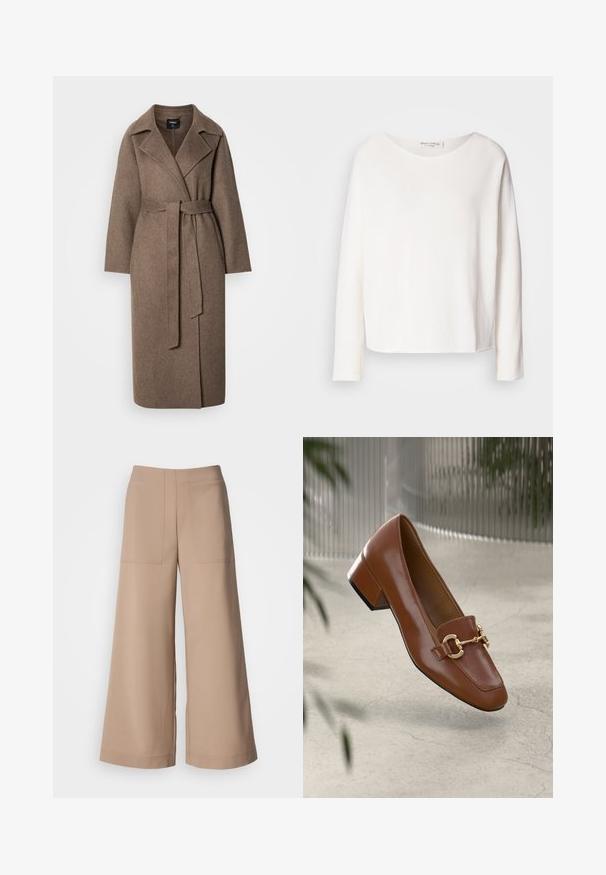 Langer brauner Wollmantel mit breiten Revers und einem passenden Gürtel, der in der Taille gebunden ist, auf einem schlichten hellen Hintergrund präsentiert.; Langärmliges, rundhalsiges Oberteil aus weichem, leichtem weißen Stoff mit lockerer Passform. Verfügt über einen sauberen Saum und keine sichtbaren Beschläge.; Weite Hose aus einem hellbeigen Stoff. Mit zwei aufgesetzten Vorderaschen, flachem Bund und glatter Textur mit maßgeschneiderter Verarbeitung.; Braune Lackleder-Loafer mit quadratischer Zehenpartie, metallischem Kettenakzent und niedrigem Blockabsatz; glatte Textur, minimalistisches Design.