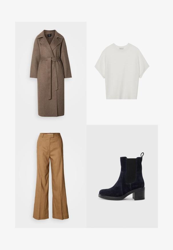 Lang bruin wollen jas met brede revers en een bijpassende riem knoop in de taille, tentoongesteld op een effen lichte achtergrond.; Witte T-shirt met korte mouwen, een brede ronde hals en een gestructureerd ribpatroon, gemaakt van zachte stof. Het shirt heeft een ontspannen pasvorm en een strakke uitstraling.; Bruine wijde broek van lichtgewicht stof. Heeft een platte voorkant, riemlussen en een getailleerde pasvorm met een enkel-lange snit.; Marineblauwe suède enkellaars met elastische zijpaneel, ronde neus en blokhak. Gemêleerd weefsel en een gladde zool voegen contrast toe.