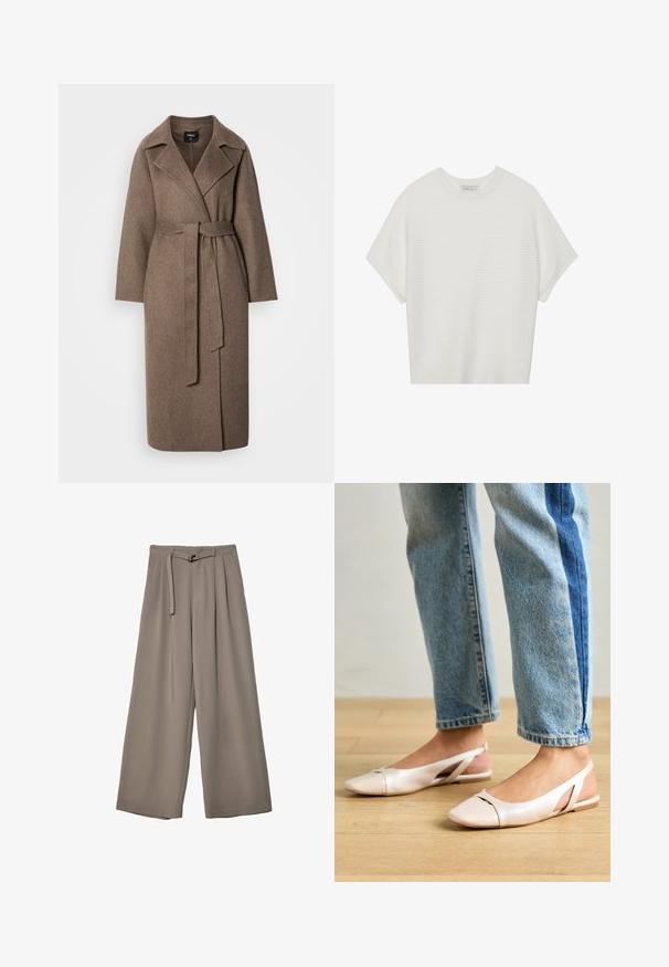 Lang brun uldfrakke med brede revers og et matchende bælte knyttet i taljen, vist på en ensfarvet lys baggrund.; Hvid kortærmet t-shirt med en bred rund hals og struktureret ribbet mønster, lavet af blødt stof, med en afslappet pasform og et enkelt design.; Vide ben bukser i et blødt, afdæmpet grå stof, med en bælte i taljen og plisseringer for ekstra designdetalje. Glat tekstur, ingen mønstre.; Lyserøde slingback flade sko med spidse tær, lavet af et glat læderlignende materiale. Har udskæringsdetaljer på siderne og en flad hæl.