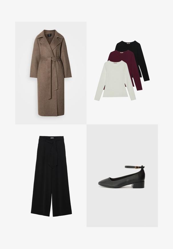 Long brown wool coat with wide lapels and a matching belt tied at the waist, displayed on a plain light background.; Long-sleeve t-shirts in white, burgundy, and black. Made of soft fabric with a round neckline and fitted design. Suitable for layering.; Black wide-leg pants featuring a textured fabric, an elastic waistband, and a detachable sash tie at the waist for adjustable fit.; Black leather pump with a pointed toe and a low block heel. Features an ankle strap with a gold-tone buckle. Smooth texture.