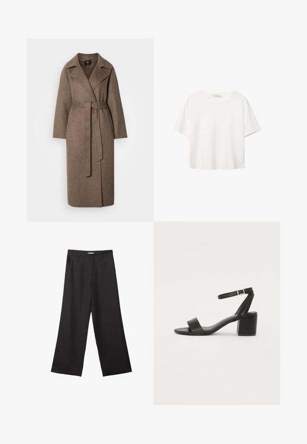 Long brown wool coat with wide lapels and a matching belt tied at the waist, displayed on a plain light background.; White short-sleeve t-shirt made of cotton. Features a crew neckline and a relaxed fit. Smooth texture with no visible patterns or accents.; Black wide-leg trousers made of smooth fabric, featuring a front zipper and two side pockets, with a tailored fit and minimalistic design.; Black heeled sandal featuring a smooth leather upper, an open toe, wide front straps, and adjustable ankle strap with a gold buckle detail.