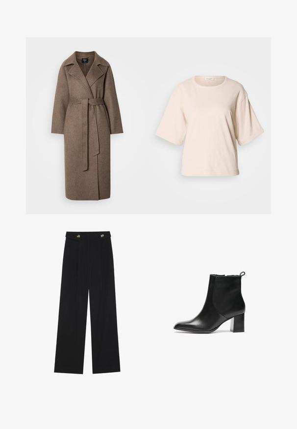 Lang brun ullkåpe med brede revers og et matchende belte knyttet i midjen, vist på en enkel lys bakgrunn.; Lys beige kortermet t-skjorte, laget av myk bomull. Har rund halslinning og løs passform med oppbrettede ermer. Minimalistisk design.; Svart vide bukser med høy midje, knappdetaljer på midjebåndet og frontplisser.; Svarte skinn ankelstøvler med rund tå, middels høy blokkhæl og en trekkflik bak. Glatt tekstur, minimalistisk design.
