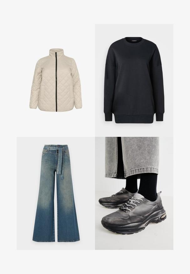 Chaqueta beige acolchada con un cuello alto, cierre frontal con cremallera y dos bolsillos laterales. Tejido texturizado con un patrón de diamante diagonal.; Sudadera negra de algodón, con cuello redondo, mangas largas y un corte relajado. Textura suave con puños y bajo de canalé.; Pantalones de mezclilla de pierna ancha con un degradado de azul claro a oscuro, cintura alta, trabillas para cinturón y un cinturón de tela a juego. Acabado de mezclilla texturizada.; Las zapatillas deportivas en negro y gris cuentan con una parte superior de malla, suelas gruesas y cordones. Tienen una punta redondeada y un detalle de amortiguación visible.